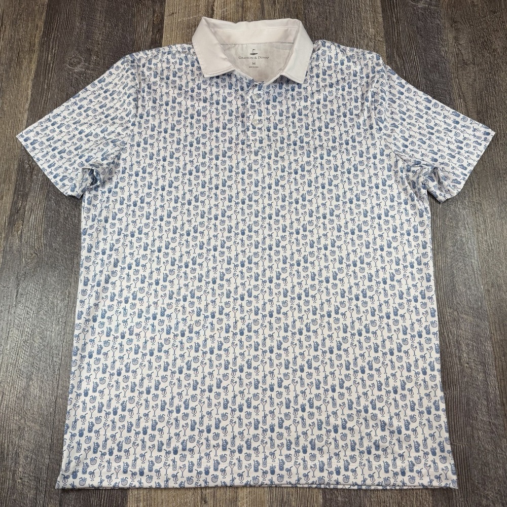 Grayson &‎ Dunn Men's Polo Shirt M White Blue Cocktail Drink Print Stretch Golf